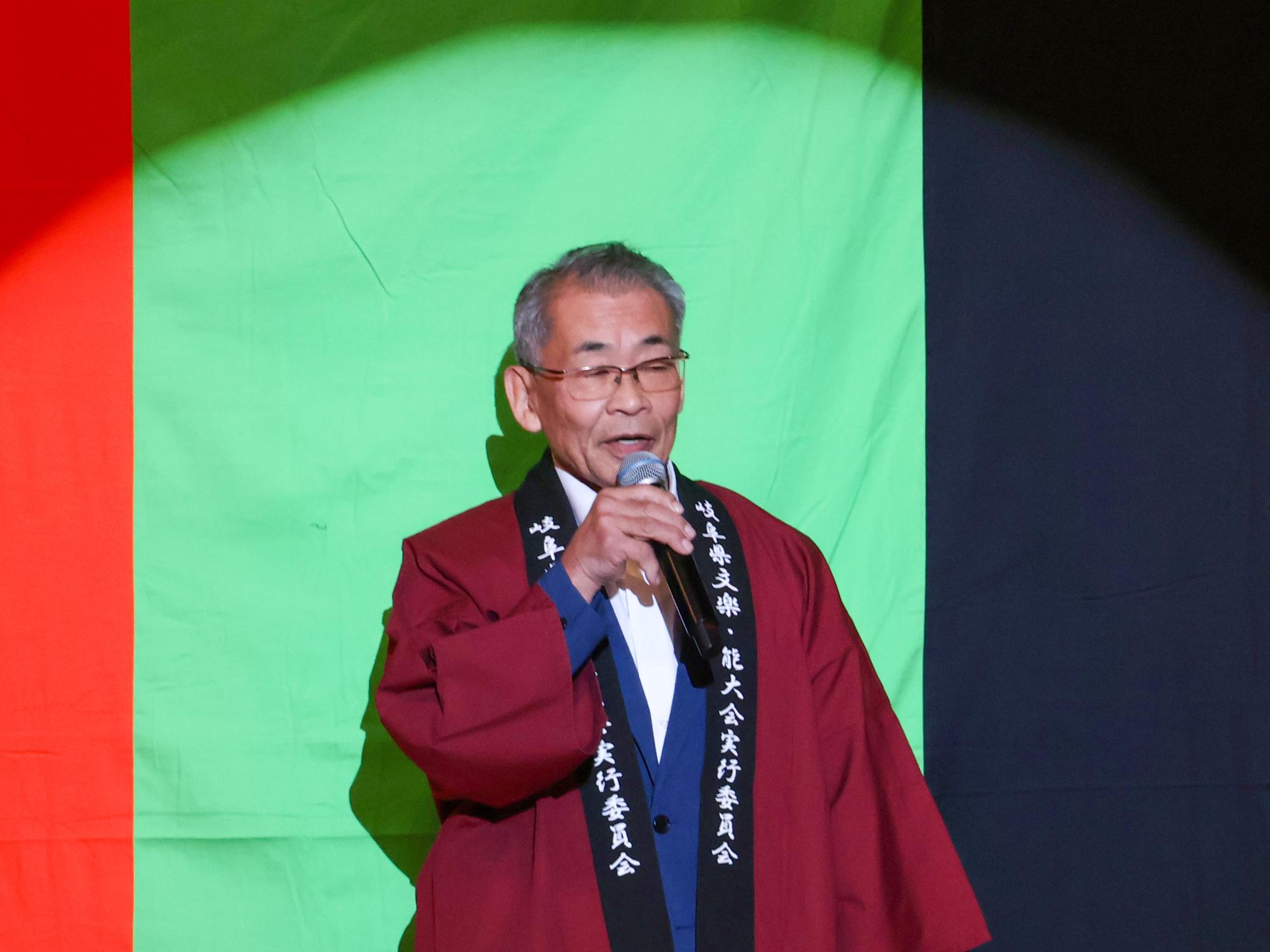 岐阜県文楽・能保存振興協議会纐纈満(みつる)会長あいさつ