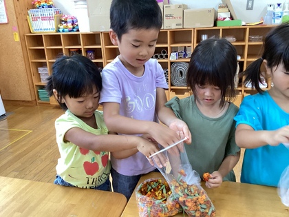 草木染、マリーゴールドを袋に入れます