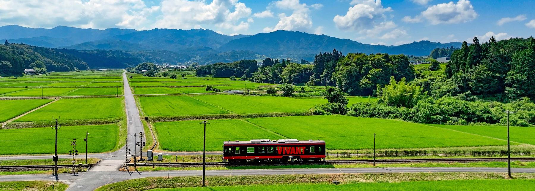 VIVANTラッピング列車と田園風景