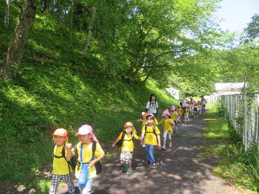 子どもたちが道沿いに連なり歩いている様子