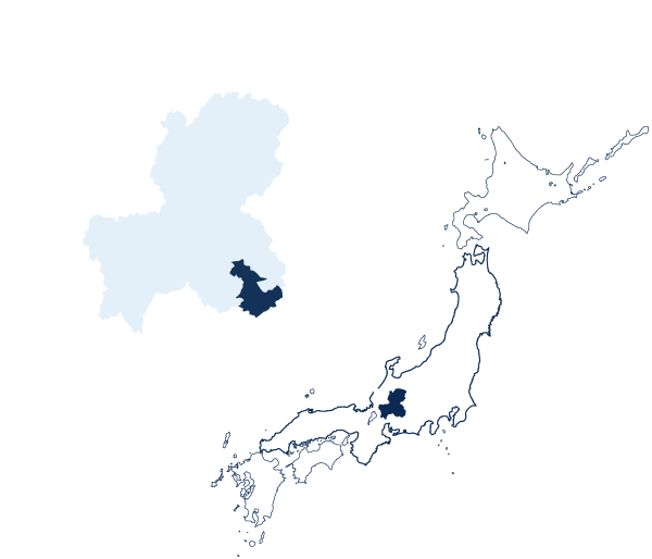 岐阜県恵那市の位置を表した日本地図。恵那市は岐阜県の南東部に位置する。